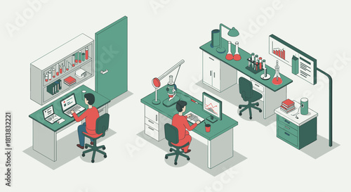 Modern isometric office workspace with computers and lab equipment in minimalist style