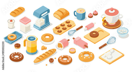 Baking essentials in isometric style featuring kitchen tools and sweet treats