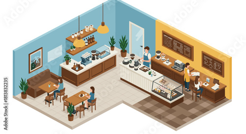 Cozy isometric cafe interior with customers and baristas in a modern setting