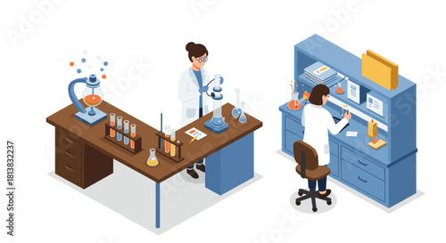 Laboratory scientists conducting experiments in modern isometric lab setting