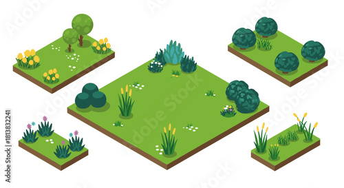Isometric garden designs with vibrant greenery and decorative plants