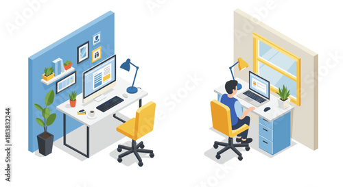 Isometric home office setup with dual monitors and indoor plants by a window view