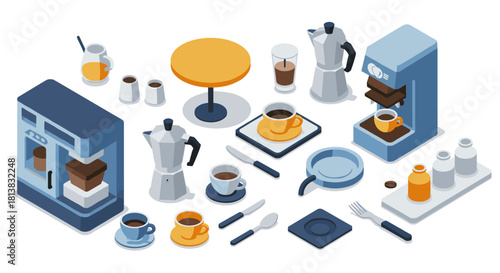 Modern isometric coffee bar setup with espresso machines and accessories