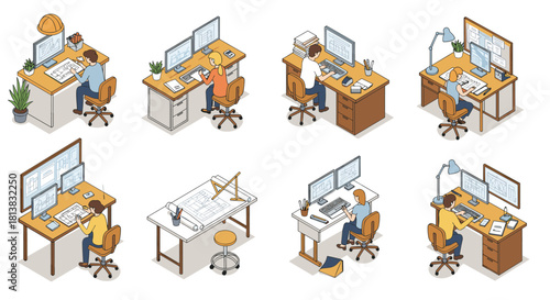 Diverse office workstations in isometric style: modern work environments and desk setups