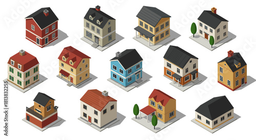 Diverse isometric houses collection featuring charming architectural styles