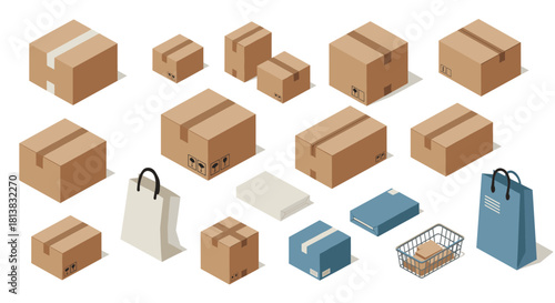 Isometric cardboard boxes and shopping bags set on white background