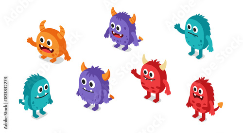 Colorful isometric cartoon monsters with various expressions and poses