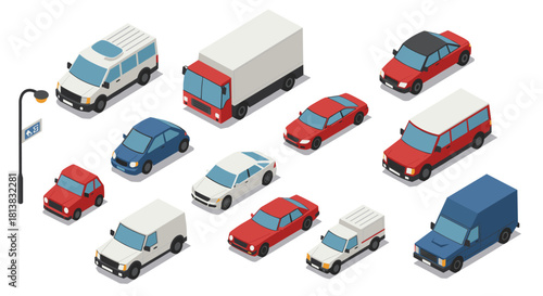 Diverse isometric vehicles on city road with street lamp
