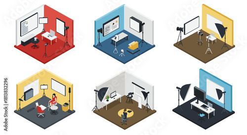 Isometric photography studios with modern equipment in various color themes