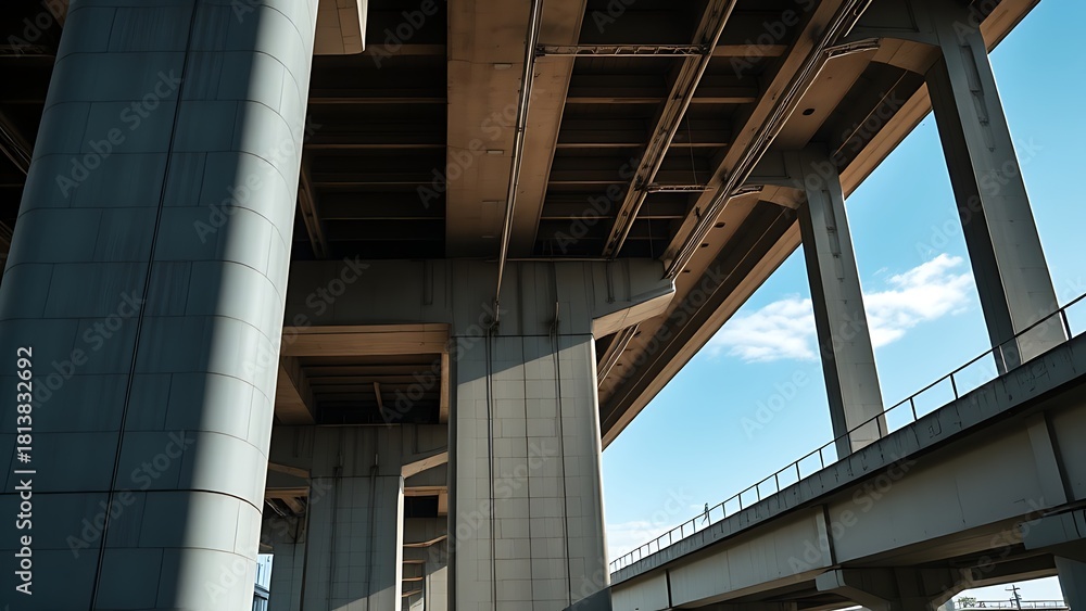 Fototapeta premium nationalizing. Massive bridge pillar supporting elevated roadway with architectural detail in daylight. real-estate listings.