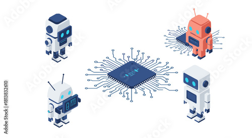 Isometric robots and microchip technology concept in futuristic design