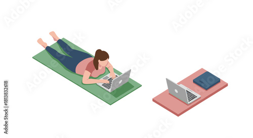 Woman working remotely from home on laptop in isometric style
