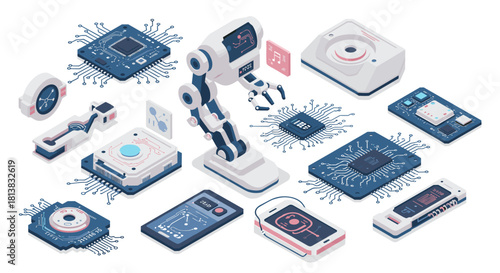 Isometric technology components with robotic arm and circuit elements