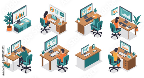 Isometric office workstations with diverse characters analyzing data and engaging in digital tasks