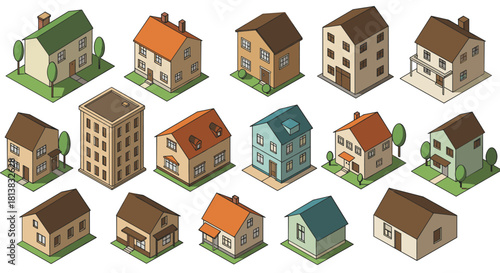 Isometric collection of various residential buildings in urban set