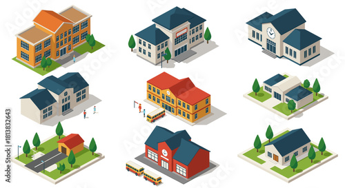 Isometric building collection featuring schools and public structures