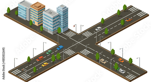 Isometric city intersection with buildings and trees
