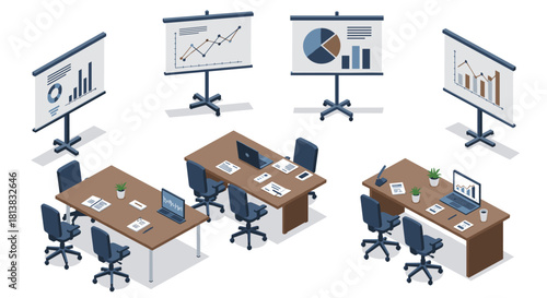 Modern isometric office setup with presentation tools and conference tables