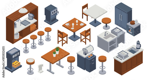 Modern isometric kitchen set with furniture and appliances for design projects