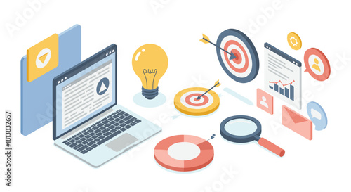Isometric digital marketing tools and data analytics concept