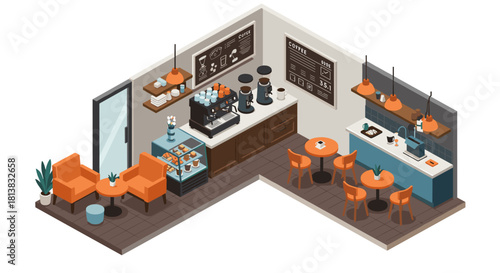 Cozy isometric coffee shop interior with seating and counter design