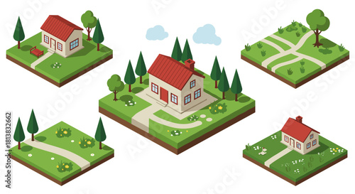 Charming isometric rural landscapes with cute red-roofed houses and lush greenery