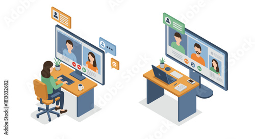 Remote work communication with isometric video call setup and office desk