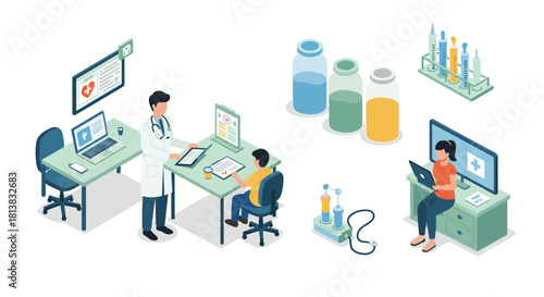 Isometric medical office scene with doctor, patient, and lab equipment