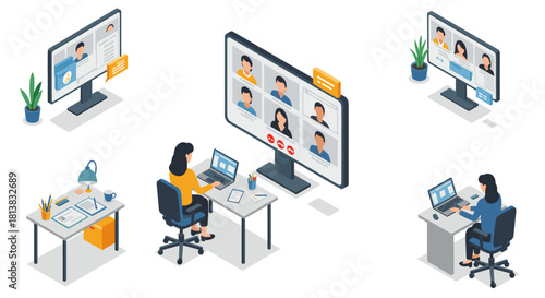Remote work isometric design featuring video call and home office setup