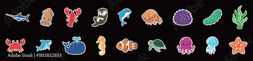 An Underwater Set of Cute Cartoon Marine Life and Sea Creatures Stickers, Icons, and Symbols Collection, highlighting ocean inhabitants such as whales, sharks, jellyfish, and coral in a colorful