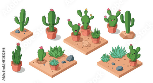 Charming cartoon cactus collection: cute succulents in pots and desert landscapes