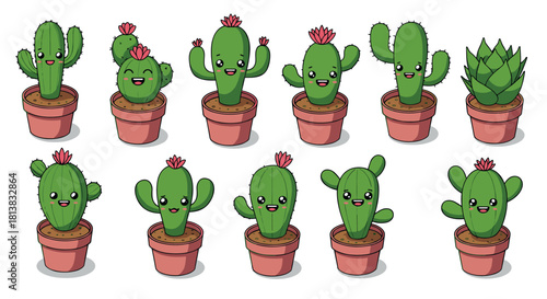 Cute cartoon cactus collection with smiling faces in pots