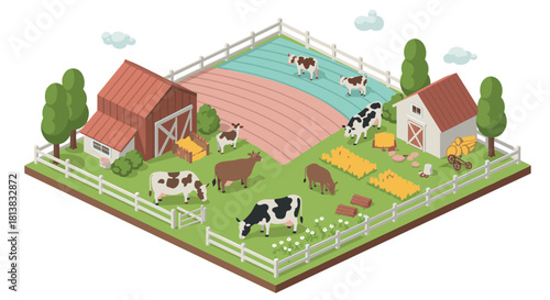 Isometric farm scene with cows and barns in pastel colors