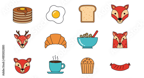Breakfast food and animal icons set with vector design elements