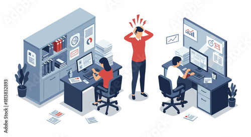 Busy office scene with overworked employees in stressful work environment