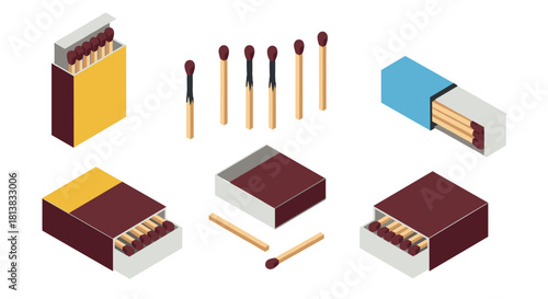 Isometric matchbox collection with open and closed boxes featuring wooden matches