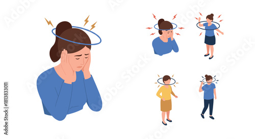 People experiencing headache and dizziness with light burst illustrations
