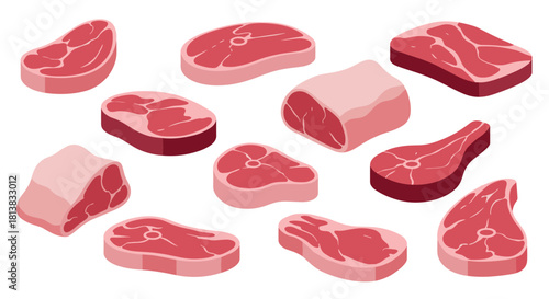 Variety of fresh meat cuts in flat style