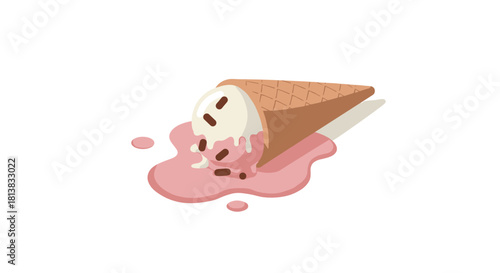 Melting ice cream cone with sprinkles on white background