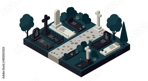 Isometric cemetery scene with tombstones and trees on dark background