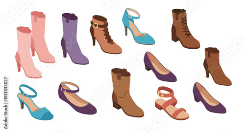 Trendy isometric women's footwear collection: boots and heels in vibrant colors