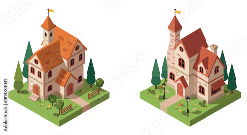 Charming isometric cottage designs with lush green surroundings