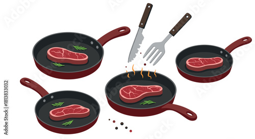 Cooking juicy steaks in non stick pans with fork and knife on white background