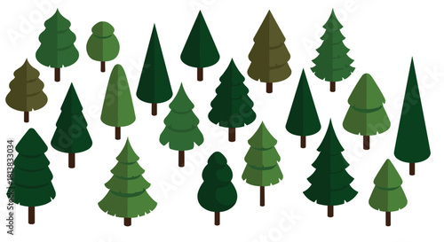 Isometric collection of evergreen trees in various shapes and shades