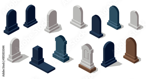 Isometric tombstone collection in neutral tones for memorial design projects