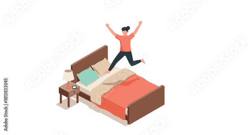 Joyful jumping on bed in cozy room scene