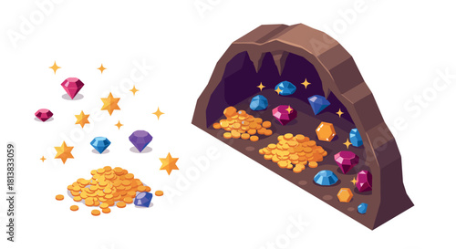 Isometric treasure cave with gems and gold coins