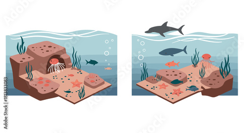 Underwater scene with marine life and coral reefs in isometric style