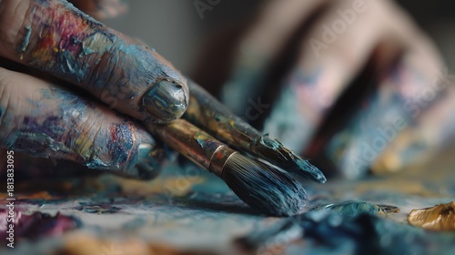 Artist's hands with paintbrushes and paint