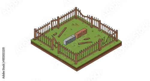 Isometric abandoned garden with weathered fence and debris on grass